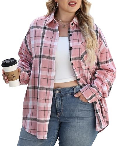 Womens Plus Size Buffalo Plaid Flannel Shirt Long Sleeve Collar Button Down Blouses Loose Lightweight Tops