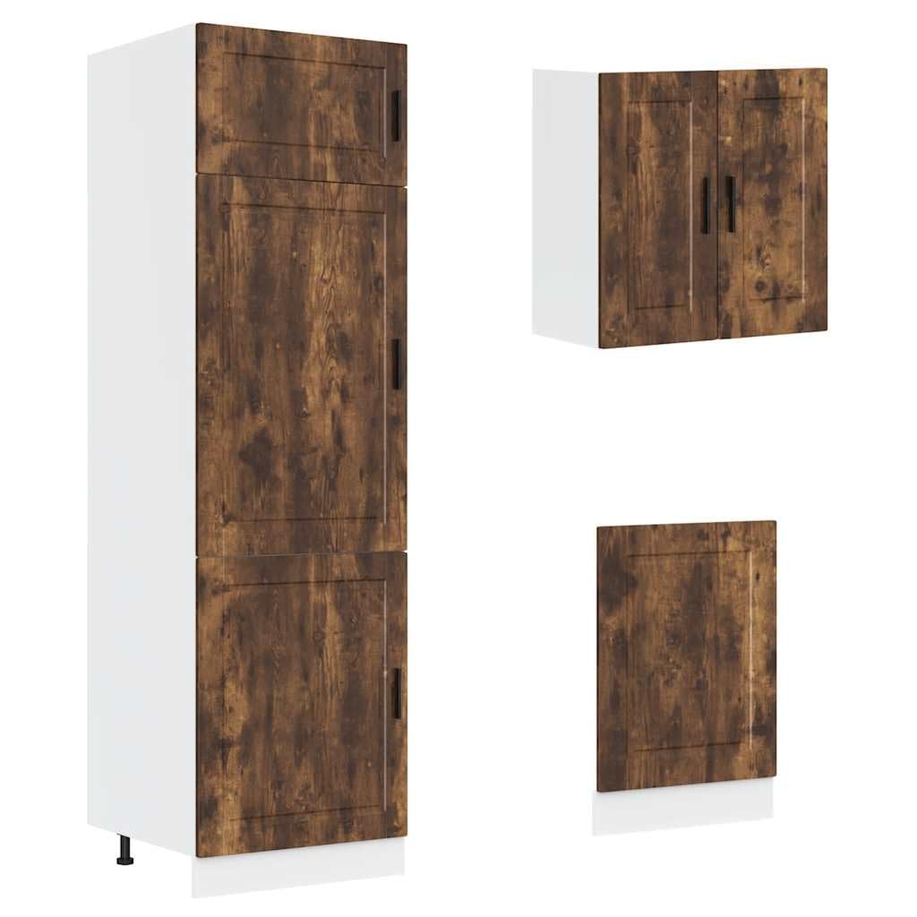 8-TLG. Küchenschrank-Set Porto Räuchereiche - Moderne Küchenzeile aus Holzwerkstoff mit Glas-Hängeschrank, Spülschrank, Backofenschrank und Hochschrank für viel Stauraum