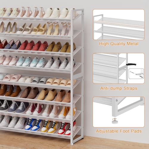 Image of Large Shoe Rack 8 Tier Shoe Organizer, Heavy Duty Metal 4-Tier Stackable Shoe Storage Vertical Shoe Rack for Closet Front Door Entrance, Up to 50 Pairs, 44.8 inch W x 11.4 inch D x 56.7 inch H, White