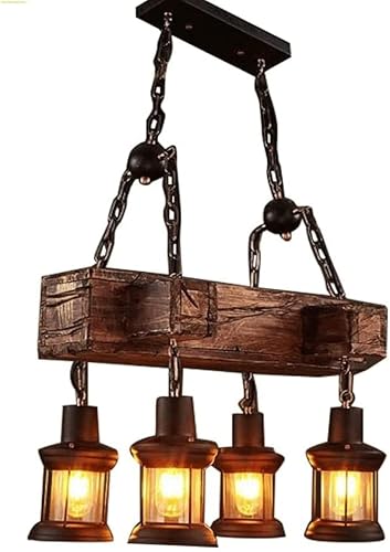 Lámpara colgante industrial de 4 luces, candelabro de madera rústica, haz de madera, luz colgante de isla lineal grande, lámpara colgante industrial