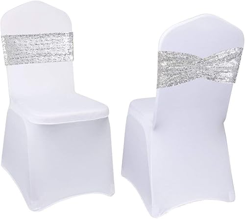 Miniatura 1 de Eternal Beauty Juego de 10 bandas de lentejuelas plateadas para sillas de boda, hotel, fiesta, banquete, decoración