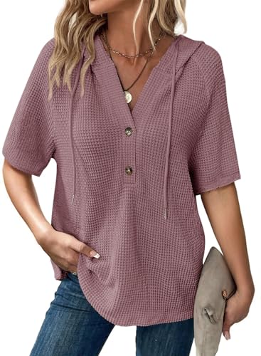 Image of Dokotoo Womens Summer Tops Waffle Knit Short Sleeve Lightweight Drawstring Hoodies Button V Neck Casual Blouses Shirts