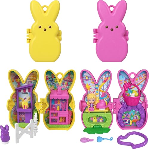 Polly Pocket x Peeps, Micro Doll & 2 Playsets with 7 Themed Accessories, Keychain Clip, Travel Toy, Partnership Compact