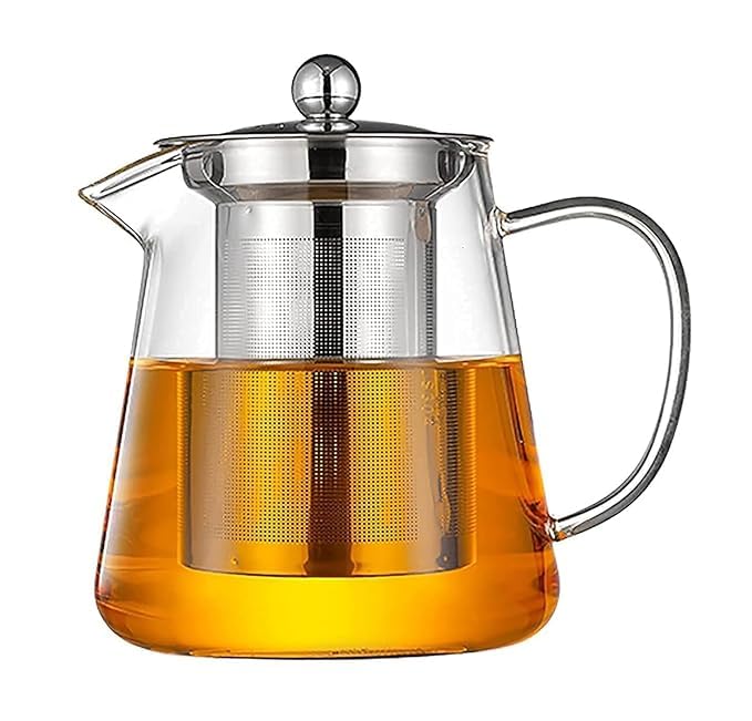 Image of PrimeWorld Premium 450ML Set of 1 Pc | Glass Teapot with Stainless Steel Infuser | Large Capacity Transparent Tea Kettle with Lid & Handle | Ideal for Loose Leaf Tea, Blooming Tea & Fruit Infusions