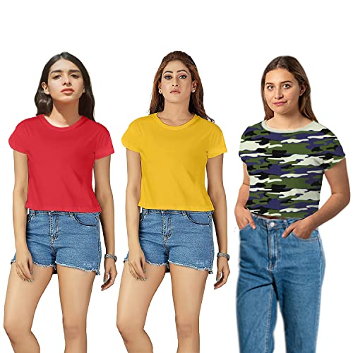 Image of Hangout Hub Women Crop Top T-Shirts | Round Neck Plain Solid Tshirts | Double Weaved | Shrink Free Tees | Casual T-Shirt for Woman Ladies Girls(Cotton|Pack of 3)