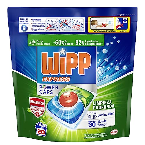 Wipp Express Power Caps Higiene y Antiolores Detergente en Cápsulas para Lavadora (20 dosis), Limpieza Profunda, Eficaz en agua fría
