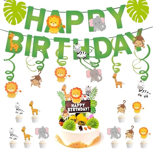 Image of Juzfun Happy Birthday Letter Banner Animal Kingdom Themed Alphabet Letters Wall Hanging Decoration Glossy Paper Material