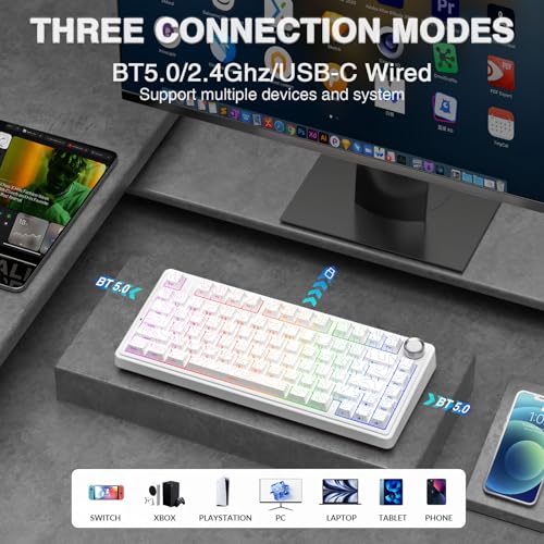Image of AULA F75 Pro Wireless Mechanical Keyboard with Knob,75% Hot Swappable Custom Gaming Keyboards,RGB Backlit,Pre-lubed Switches,Side Printed PBT Keycaps Creamy Sounding Computer Keyboard, Line White