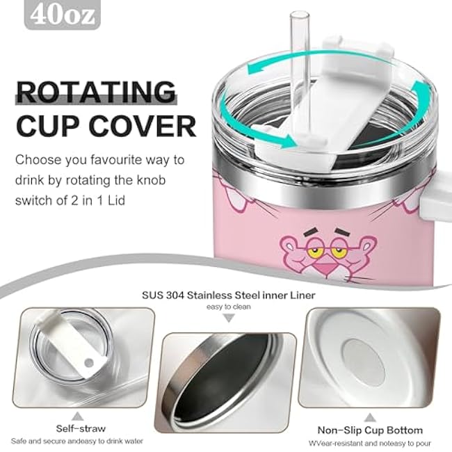 1pc 40oz Pink Panther Pattern Tumbler with Lid, Insulated Travel Mug, Gift for Women Men, Ideal for Halloween, Independence Day, Memorial Birthday Gift, Coffee Cup, weird stuff