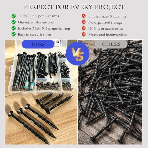 180 Piece Wood Screw Assortment Kit, Star Drive Deck Screws with Exterior Epoxy Coating, Rust Resistant Outdoor Wood Screws, Includes 7 Popular Sizes from #8, #10, #14 and 3 Star Drive Bits. - 5