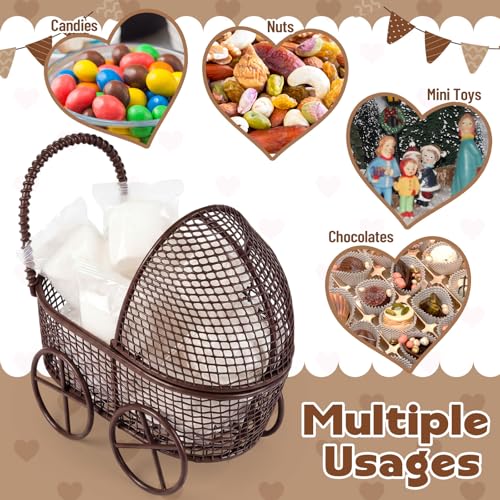 Image of Threehoney 24 Pcs Baby Shower Mini Carriage Decoration Brown Highland Cow Color Metal Wired Fillable Candy Stroller Baby Shower Table Centerpiece for Guest Gender Reveal Wedding Party Favor Gift