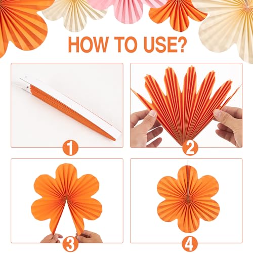 Image of Paper Flowers Decorations for Wall Pink and Orange Paper Fans Classroom Decoration Paper Floral Backdrop Decor Paper Fans Decoration Hanging Paper Fans Pink Flower Wall Decor, Set of 9