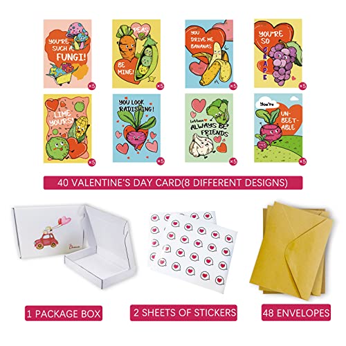 Chenive Valentines Day Cards For Kids, Funny Vegetables & Fruits Greeting Cards, Set Of 40 Valentine's Day Pun Cards For School Class, 3.5"X5" #TOP1