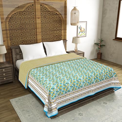 Image of BLOCKS OF INDIA 100% Cotton Dohar King Size Reversible Hand Block Printed Malmal Summer Dohar /Blanket (Blue GAD BUTI)
