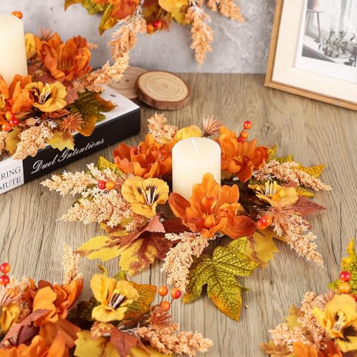 Image of 6 Pcs Fall Floral Candle Rings Wreath Mini Autumn Swags Wreaths with Berries Table Centerpiece Harvest Fall Hanging Wreath for Kitchen Cabinet Pillar Farmhouse Table Front Door Indoor Decorations