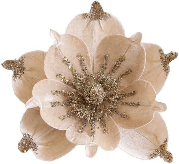 6 Pcs Christmas Glitter Magnolia Flower Artificial Poinsettia Magnolia Flowers with Stem 9.4inch Christmas Tree Magnolia Flowers for Xmas Wedding Holiday Decor Wreath Garland Photo Prop (Champagne)