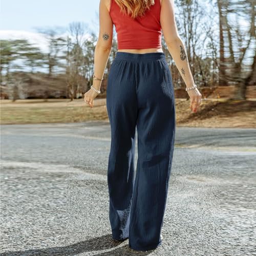 Loose Pants for Women Summer, Fit Travel Drawstring Wide Leg Vacation Womens Trouser Flowy Outfits Flared Slacks3