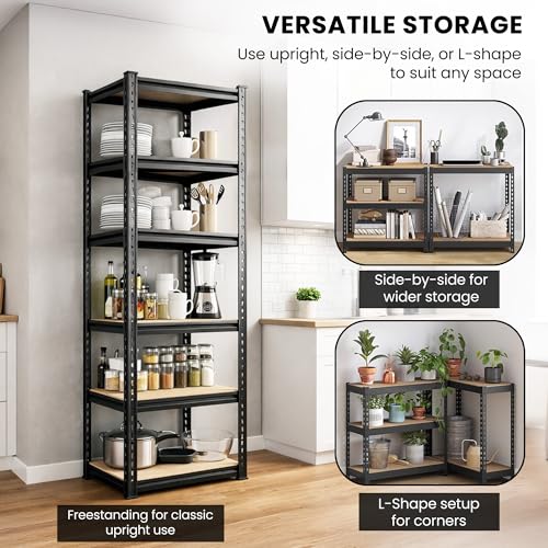 Image of Robustt 6-Tier Multipurpose Storage Rack | Bolt-Free Assembly | Metal Stand With Thick MDF Board | 175kg Capacity Per Shelf | 72x16x16 Inch Adjustable Shelf Rack for Home, Garage & Shop | Black