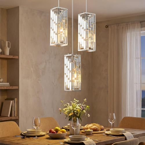 Image of Brushed Nickel Pendant Lighting Modern Pendant Light, Mini Crystal Chandeliers,Adjustable Pendant Light Fixture for Kitchen Island Dinning Room Bedroom (3 Light)
