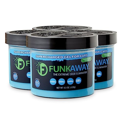 Image of FunkAway Supercharged Car Deodorizer Gel (4.5 oz - 4 Pack) Lasts Up to 30 Days, Car Air Freshener and Odor Eliminator for SUVs, Trucks and RVs, Odor Absorber that Attacks Funk at the Source