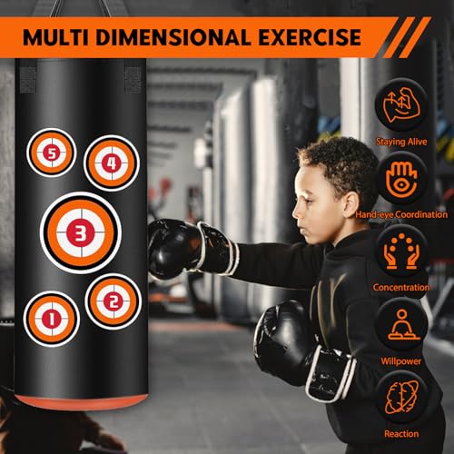 Hängend Boxsack Set für Kinder, Junior 60cm Unbefüllt Hängeset mit Handschuhen, Ketten und Befestigungshaken, Boxsack aus Mikrofaserleder für Kickbox-Training und Fitness, Jungen Mädchen Geschenk
