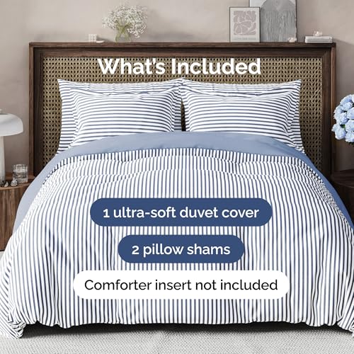 Image of Duvet Cover Cal King Size Set - Extra Soft Cal King Duvet Cover 104 inch x 98 inch with 2 Pillow Shams for Women, Men, Kids & Teens - Comfy, Breathable, Hotel Luxury w / Zipper Closures & Ties (Blue Stripes)