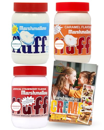 Marshmallow Fluff Original Caramel and Strawberry Mix Flavour (213 g x 3) with Card Recipe - Marshmallow Spread Delights | Gluten-Free and Ideal for Vegetarians