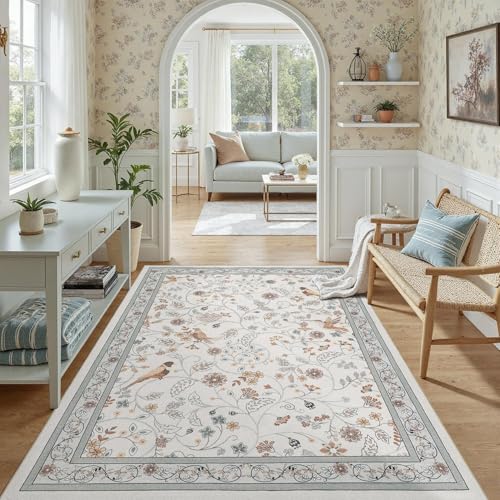DCX Beige Vintage Floral Area Rug 5x7, Machine Washable Botanical Bird Rug Non Slip Soft Low Pile Carpet for Living Room, Bedroom, Reading Nook, Garden 5' x 7' (Rectangular) Beige & Blue