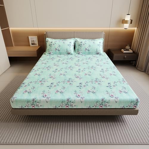 Image of Divine Casa 144 TC Cotton Double Bedsheet with 2 Pillow Covers | Soft Breathable Bedsheet for Double Bed | Modern Printed Bed Sheet Set for Bedroom & Guest Room (Mint Green, Floral)