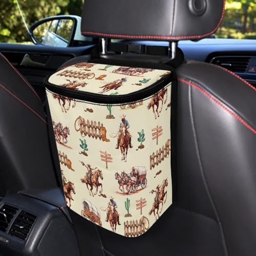 Image of Western Cowboy Car Trash Can Southwest Aztec Native Cow Mini Auto Garbage Bin with Lid Leak Proof Hanging Car Rubbish Bags Automotive Organizer Accessory for Back Front Seat