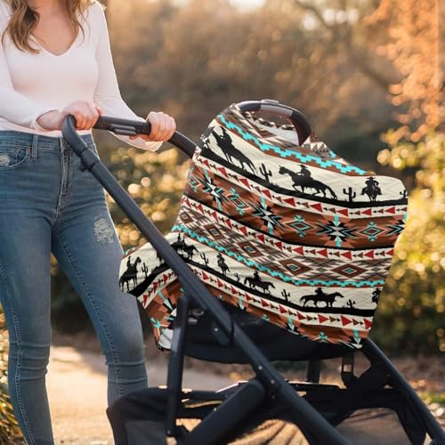 Image of Aztec Car Seat Cover for Babies, Horse Print Breathable Nursing Covers Breastfeeding Scarf,Multi Use Infant Carseat Canopy for Newborn Carrier /Stroller /Shopping Cart /High Chair