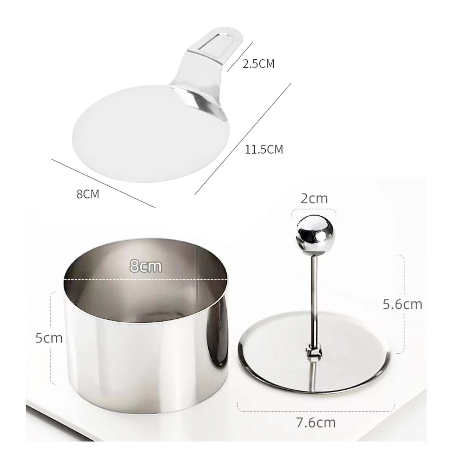 6 Stück Dessertringe und Speiseringe Set，dessertringe 8cm und 6cm，servierringe Edelstahl Set，Stampfer und Mousse Schablonen für Kochen Backen Mousse