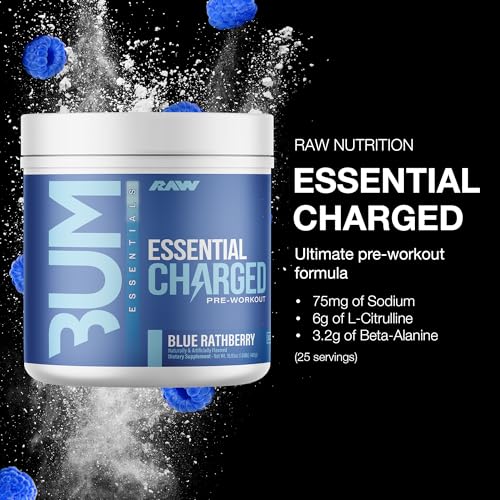 Image of RAW Pre-Workout Powder, Essential CHARGED (Blue Rathberry) - Preworkout Supplement for Men & Women - Supports Focus, Mood, & Performance - Caffeine, Alpha-GPC, L-Citrulline, Beta Alanine (25 Servings)
