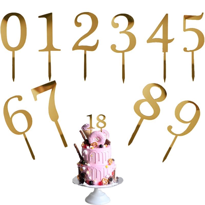 Azlanway Gold Acrylic Cake Topper Numbers 0-9, 10 Pieces Personalised Acrylic Cake Topper Set, Reusable Number Toppers for Birthday Wedding Anniversary Graduation Party Decorations