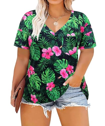 Image of TIYOMI Plus Size Tops for Women V Neck Tshirts Basic Tunic Casual Hawaii Floral Tie Dye Camo Summer Short Sleeve Tee XL-5XL