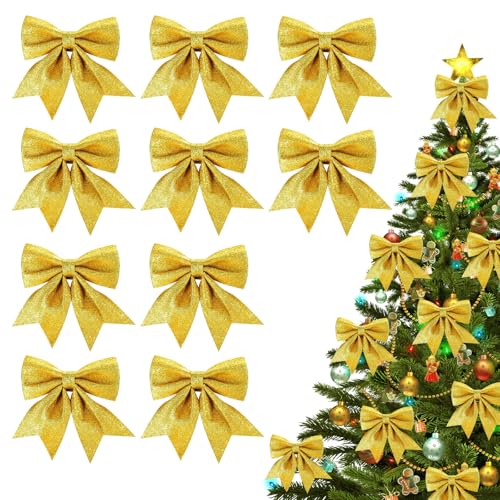 RCYHCY 10 Piezas Lazos para Arbol Navidad, 15x14cm Moños Navideños para Árbol, Lazos con Purpurina, Arcos Cinta Navidad, Adornos Arbol Navidad para Navidad, Decoración de Bodas (Gold)