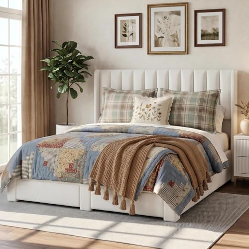 Garvee Queen Size Bed Frame, Velvet Upholstered Bed Frame with Wingback Headboard, 2 Storage Drawers, No Box Spring Needed, White