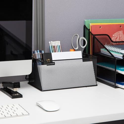 Mind Reader Multi-purpose Storage Caddy with Handle, Desktop Organizer, Cutlery Holder, 4 Compartments, Metal Mesh, Black by Mind Reader - Image 2