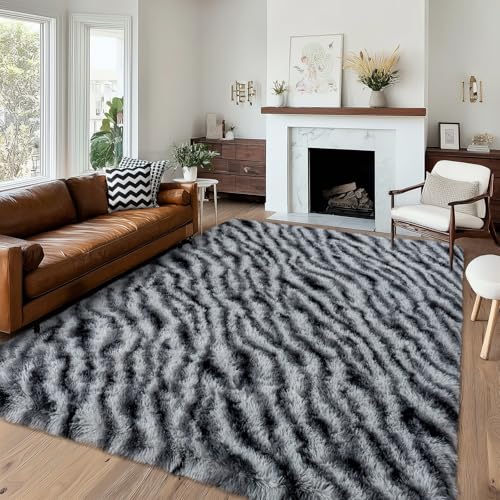 Fluffy Rugs for Bedroom Living Room, 4x6 Feet Zebra Black