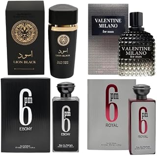 Signature Scent 4-Piece Mini Fragrance Set for Men Includes 6PM Black/Lion Black/6PM Royal/Valentine Milano Woody, Spicy, Citrus & Aromatic Fragrance Each One in 100ml / 3.4 Fl oz Bottle