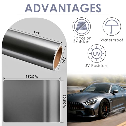 Image of Car Wrap Vinyl, 1ft x 5ft Gloss Metallic Charcoal Grey Vinyl Wrap for Cars - Bubble Free Vehicle Sheet Roll for Body Protection, Scratch Resistance (Gloss Metallic Charcoal Grey)