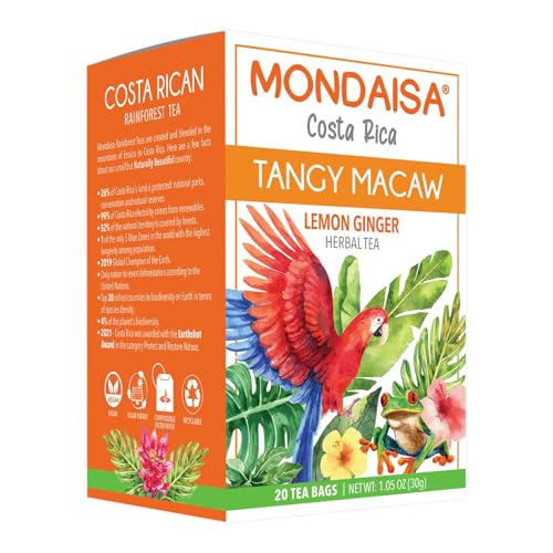 Mondaisa Tangy Macaw Lemon Herbal Tea with Ginger & Rooibos | 20 Tea Bags (4 Pack) | Costa Rican Rainforest Infusion
