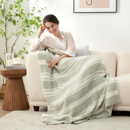 Image of Snuggle Sac Heather Throw Blanket for Couch, Reversible Super Soft Blankets Warm Cozy Knit Fuzzy Plush Lightweight for Sofa, Bed, Camping, Picnic (Stripe Green, Throw(50 inchx 60 inch))