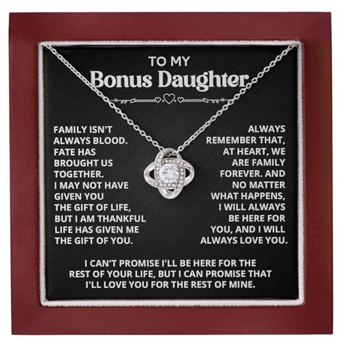 Necklace For Bonus Daughter From Dad, Bonus Daughter Necklace From Stepmom, Jewelry Gifts For Stepdaughter At Wedding, Necklaces For Stepdaughter From Stepdad With Heartfelt Message & Elegant Box (Black - 14K White / Luxury Box)