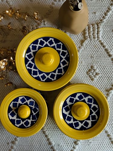 Image of Niyara Stoneware Handmade Ceramic Handpainted Multipurpose Storage Ceramic Casserole Jars & Containers With Lid Microwave Dishwasher Safe Kitchen Storage /Serving Snacks Dish Set Of 3,Moroccan Yellow