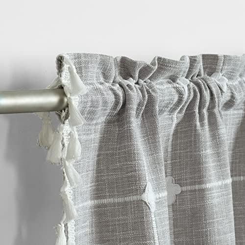 MILLSAWAY Tassel Kitchen Curtain for Windows Modern Farmhouse Small Curtain, Embroidery Lattice Half Window Curtain with Rod Pocket for Cafe Bathroom Basement (Set of 2, Grey, 60*90cm)