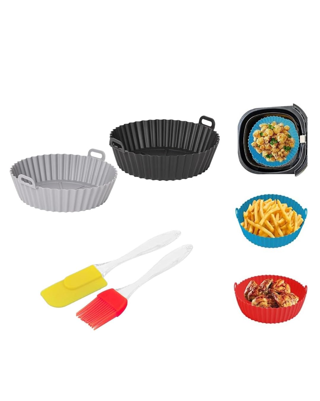 2 PCS Round Silicone Air Fryer Basket with Ear Handles | Multi-Color Nonstick, Heat Resistant, Reusable + Oil Brush & Spatula-image-42