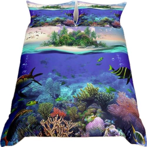 Sea Turtle Comforter Cover for Boys Girls,Nautical Ocean Fish Bedding Set for Kids,Beach Coastal Duvet Cover Full,Tropical Marine Life Animal Quilt Cover,Reptile Tortoise Bed Set with Pillow Shams