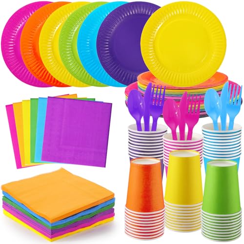 Ziliny 420 Pcs Rainbow Neon Party Supplies Paper Plates and Napkins 9 oz Paper Cups Forks Knives Spoons Disposable Tableware for Rainbow Birthday Party Supplies, Serves 60(Rose Red, Purple, Yellow)
