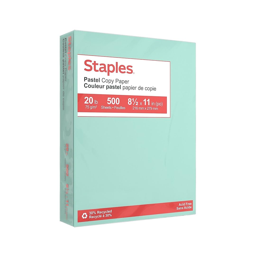 Staples Pastel Color Copy Paper, 20 lbs., 8.5" x 11", Turquoise, 500 Sheets/Ream